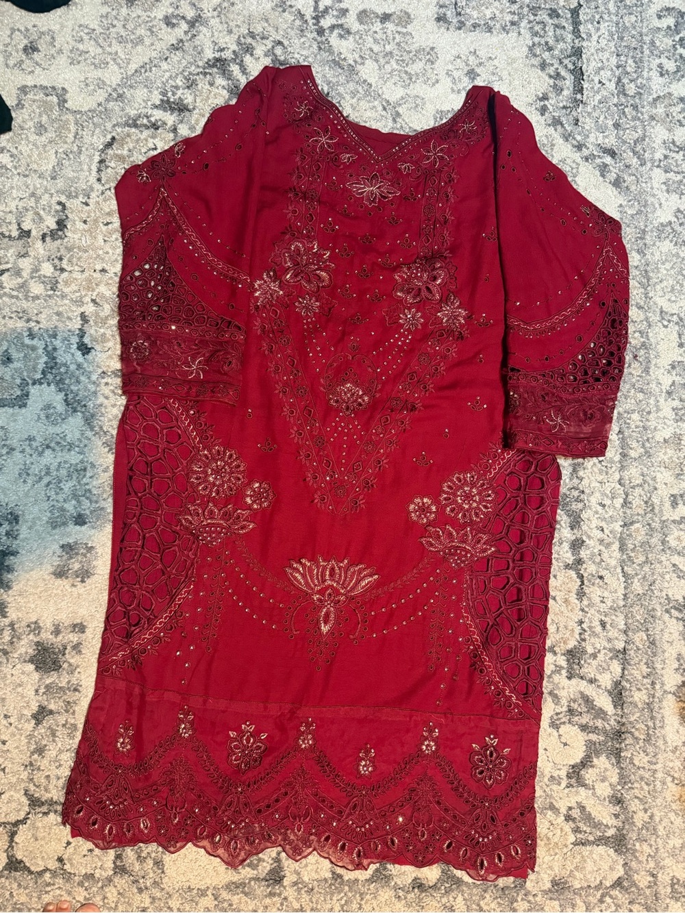 Embroidered Burgundy Beaded Tunic Dress
